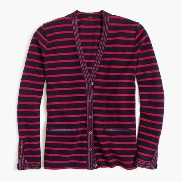 J. Crew Blue Red Stripe Metallic Trim V Neck Cotton Cardigan Sweater XS - Picture 1 of 3